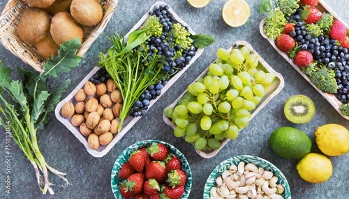 Imagen de mucha fruta y verduras frescas en diferentes bandejas. alta calidad hd, detalles y texturas