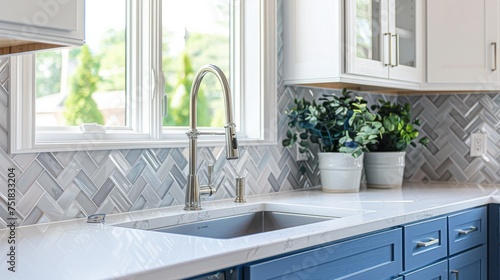 A detailed shot of a kitchen sink featuring blue and white cabinets  a herringbone tile backsplash  and a chrome faucet positioned in front of a window