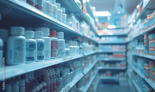 A pharmacy store abstract blurred background with medicine standing on the shelves