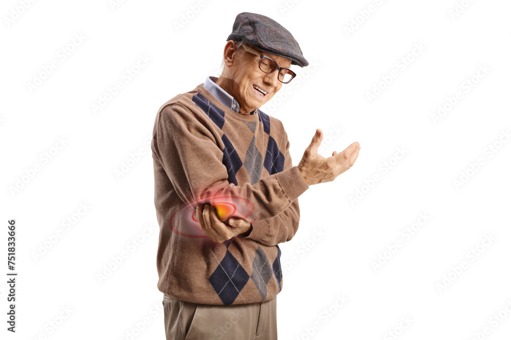 Osteoporosis in elderly people, man holding elbow Osteoporosis in elderly people, man holding elbow