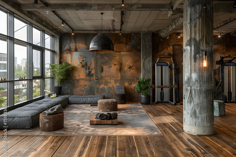 A modern fitness area with industrial elements. Interior design.