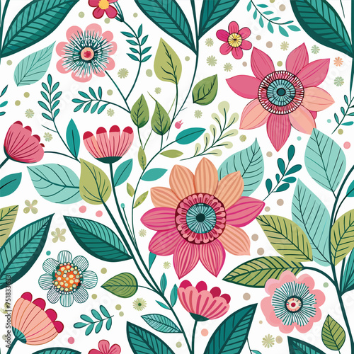 Floral seamless pattern with cute wild  flowers and leaves isolated on a white background