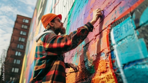 Artist in action painting a large colorful abstract mural on wall