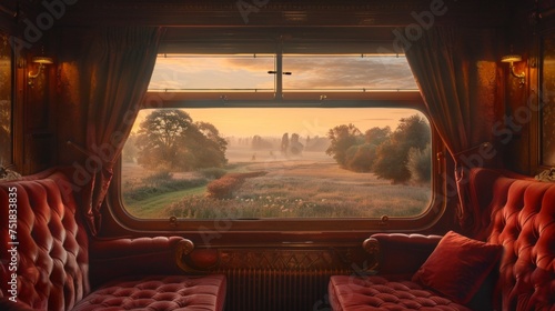 Luxurious vintage train interior with a picturesque countryside view