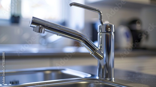 A kitchen water mixer depicted as a water tap crafted from chrome material