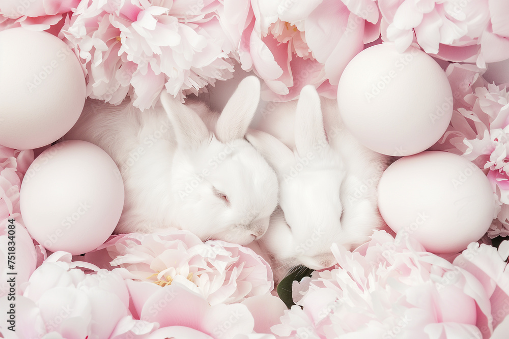Two cute white bunnies sleep in a bed of pastel eggs with a few dark pink peonies in full bloom