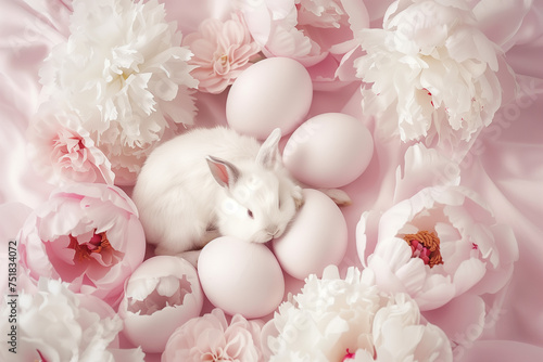 Two cute white bunnies sleep in a bed of pastel eggs with a few dark pink peonies in full bloom © videnko