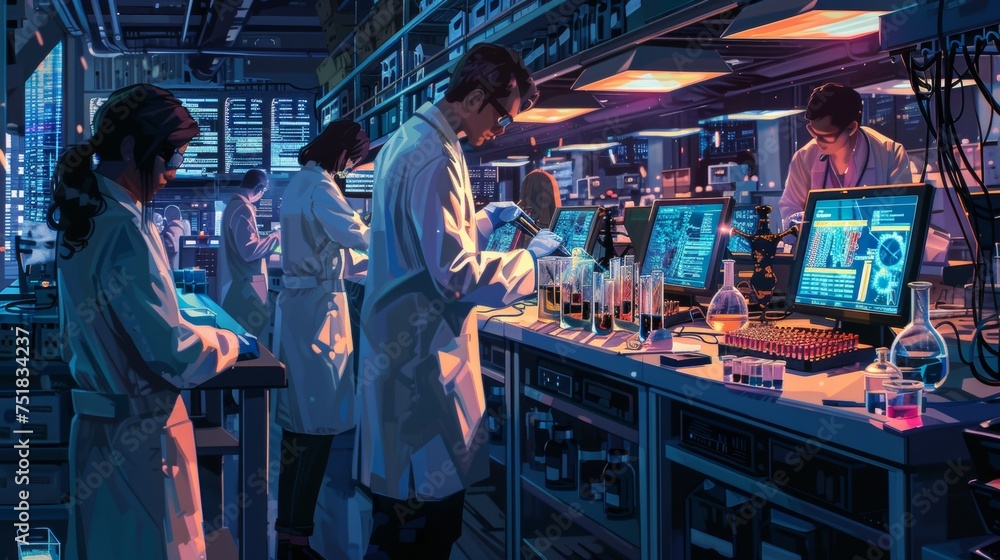 Scientists collaborating on advanced technology in lab Scientists collaborating on advanced technology in lab