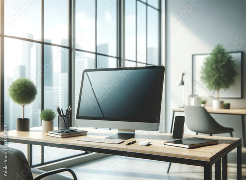 Elegant office workspace featuring a modern computer setup on a wooden desk with a stunning city skyline view through large windows.  © Preyanuch