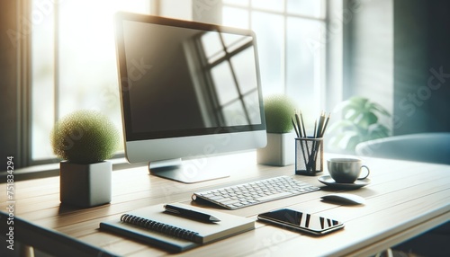 Wallpaper Mural Elegant office workspace featuring a modern computer setup on a wooden desk with a stunning city skyline view through large windows.
 Torontodigital.ca