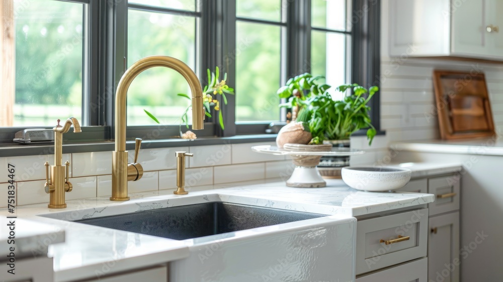 A remodeled modern farmhouse kitchen features a stunning sink adorned ...