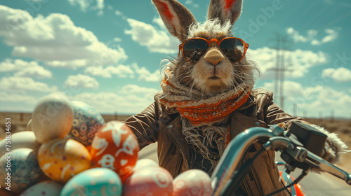 
High-end commercial photography of a stylish Easter bunny, dressed in a leather jacket, driving a motorcycle with a sidecar