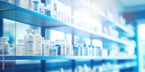A pharmacy store abstract blurred background with medicine standing on the shelves
