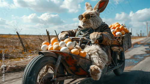 
High-end commercial photography of a stylish Easter bunny, dressed in a leather jacket, driving a motorcycle with a sidecar