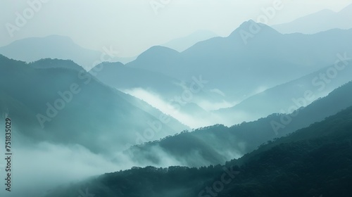 Misty mountains in the early morning, serene and mysterious