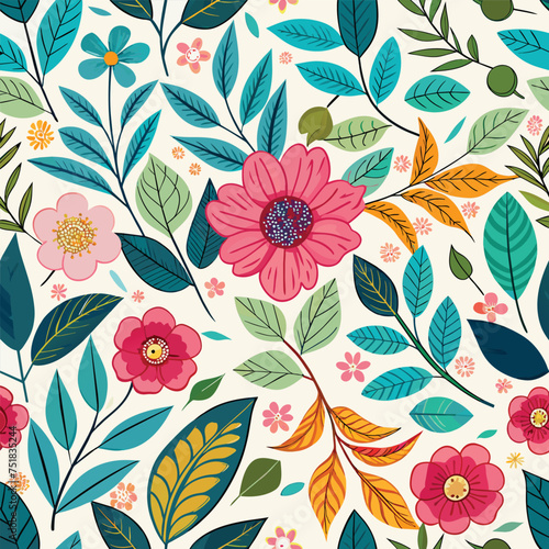 Floral seamless pattern with cute wild  flowers and leaves isolated on a white background