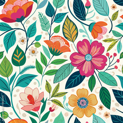 Floral seamless pattern with cute wild  flowers and leaves isolated on a white background