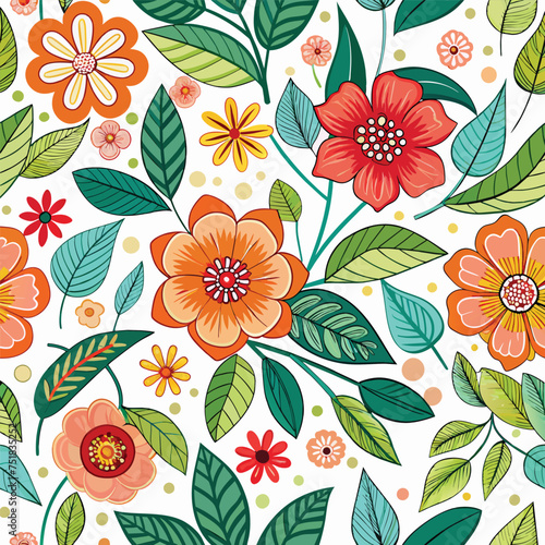 Floral seamless pattern with cute wild  flowers and leaves isolated on a white background