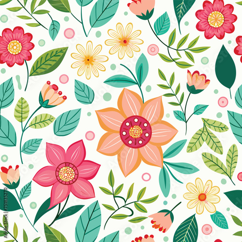 Floral seamless pattern with cute wild  flowers and leaves isolated on a white background