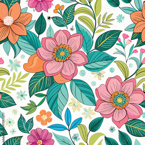 Floral seamless pattern with cute wild  flowers and leaves isolated on a white background