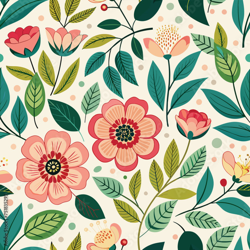 Floral seamless pattern with cute wild  flowers and leaves isolated on a white background