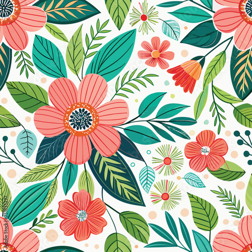 Floral seamless pattern with cute wild  flowers and leaves isolated on a white background