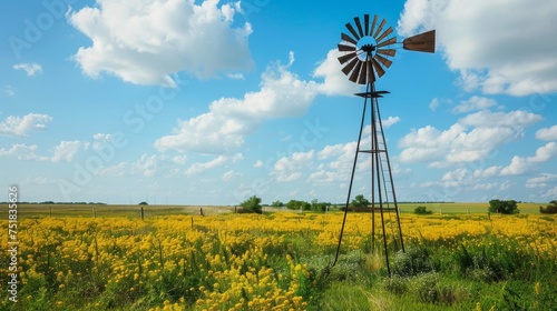 Old rustic windmill in a blooming spring field background photo