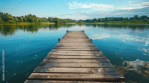 Old wooden pier on tranquil lake background