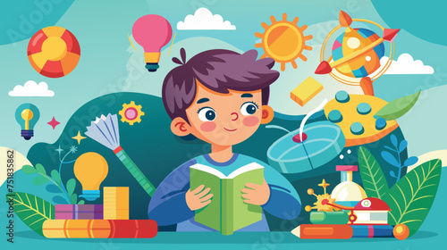 Young Boy Engaged in Reading With Education Imagery Background