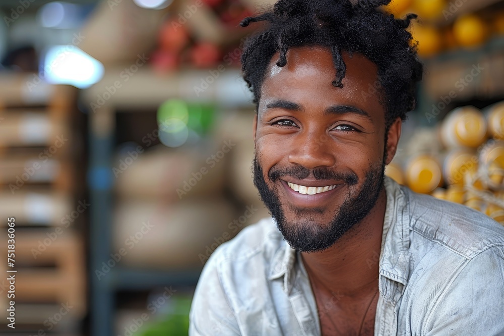 Happy African American man with a charming smile, in a casual white shirt at an urban market Happy African American man with a charming smile, in a casual white shirt at an urban market