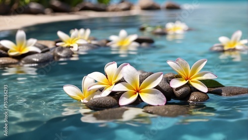 Beautiful frangipani flowers in water. Spa and wellness. Peace, harmony and relaxation concept.