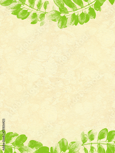 Ecru color paper with green spring leaves - watercolor background. 
