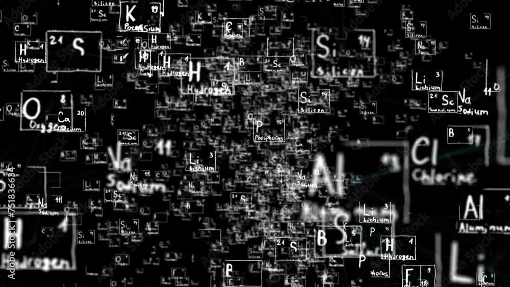 names moving in space from the periodic system of chemical elements, video loop, 4k video with alpha channel names moving in space from the periodic system of chemical elements, video loop, 4k video with alpha channel