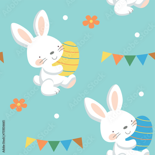 Easter seamless pattern with bunny and eggs on blue background.