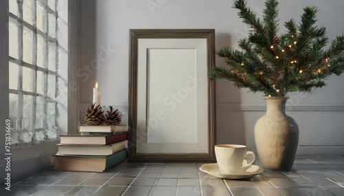minimal festive christmas indoor decor blank vertical wooden picture frame mockup on tiled floor pine tree branches in vase cup of coffee and old books white hall background empty template © Deanne