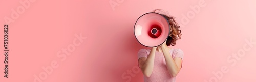 woman with megaphone isolated on a solid pink background