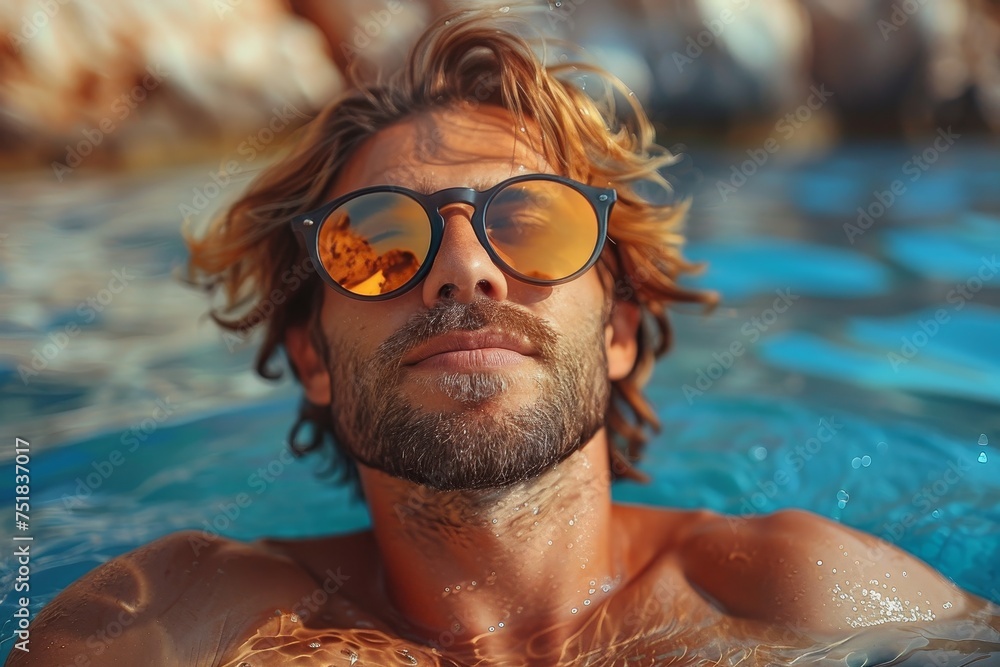 Fototapeta premium A man enjoys a refreshing swim in crystal clear blue waters under the fading light of a beautiful sunset