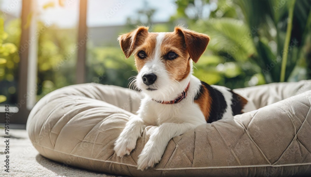 jack russell terrier lying on luxury dog bed