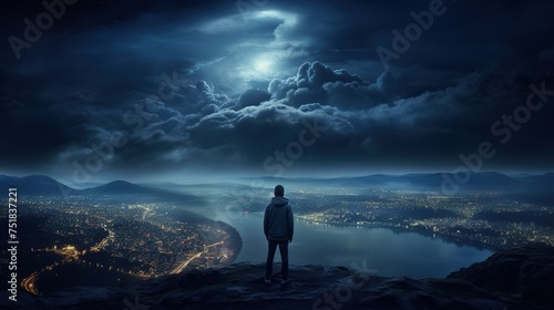 Man Sitting on Hill Looking at Night Sky