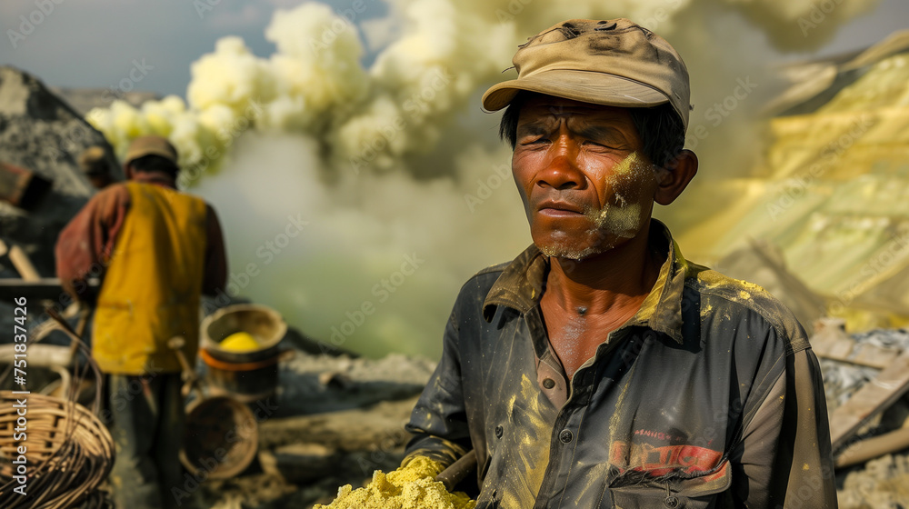 Portrait of a sulfur miner. Sulfur mining.