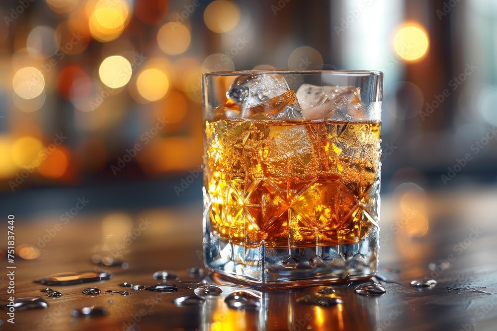 A close-up of whiskey served on ice in a clear glass, showcasing the amber liquid's rich, golden color A close-up of whiskey served on ice in a clear glass, showcasing the amber liquid's rich, golden color