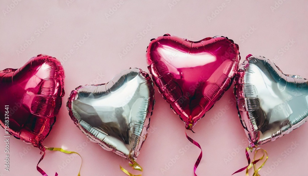 air balloons heart shaped foil on pastel pink background banner
