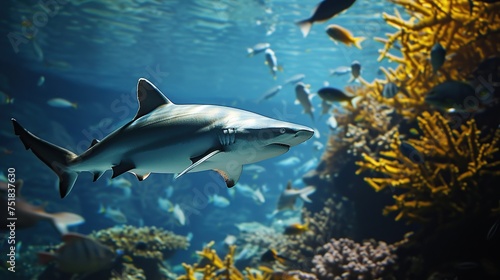 Shark Swimming Among School of Fish in Aquarium