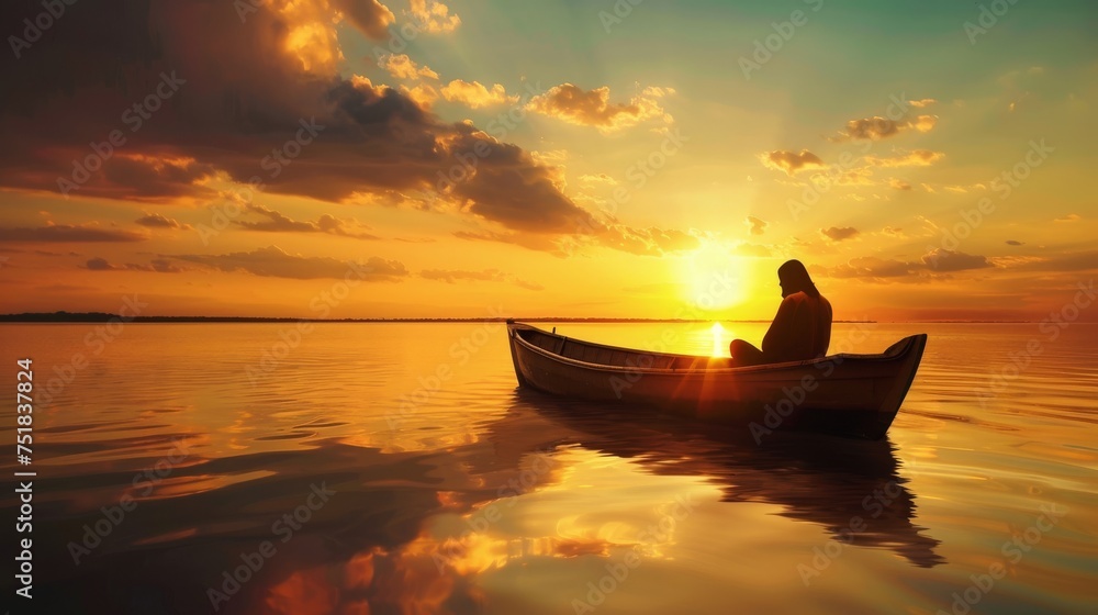 Silhouette of Jesus Christ in a boat during a calm, reflective sunset.