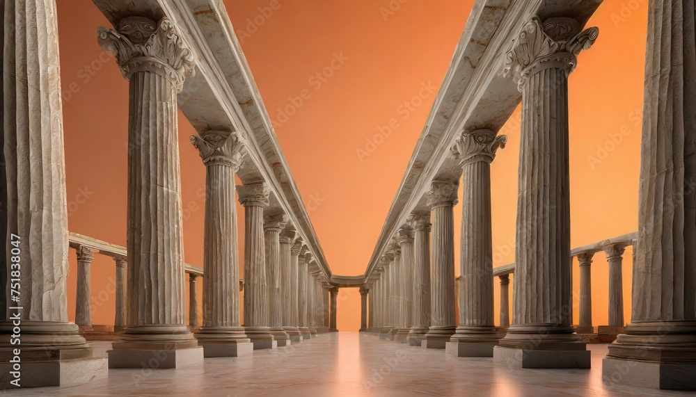 ancient marble pillars in elliptical arrangement with orange sky