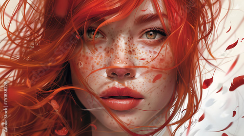 a woman with red hair and freckles on her face and eyes