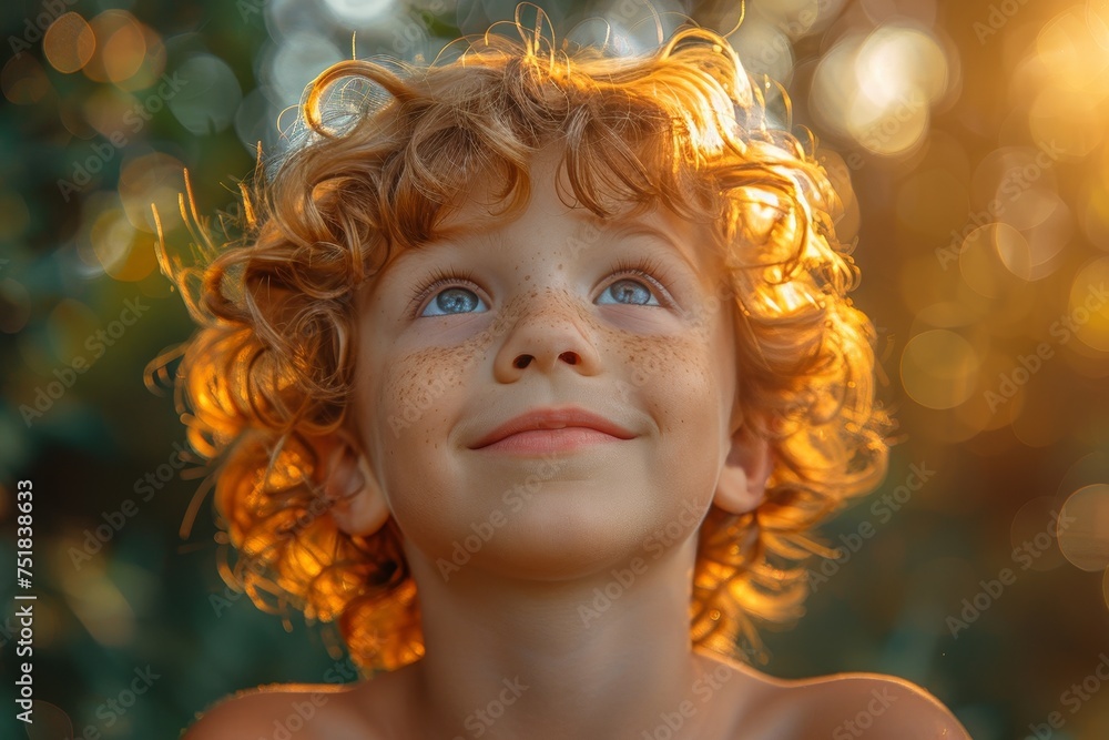 A young boy with curly red hair and freckles looks up with a joyful expression during golden hour A young boy with curly red hair and freckles looks up with a joyful expression during golden hour