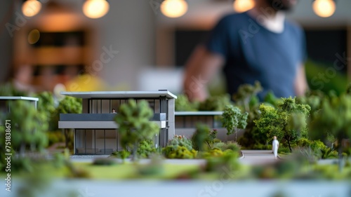 A designer focuses on a detailed architectural model surrounded by lush greenery