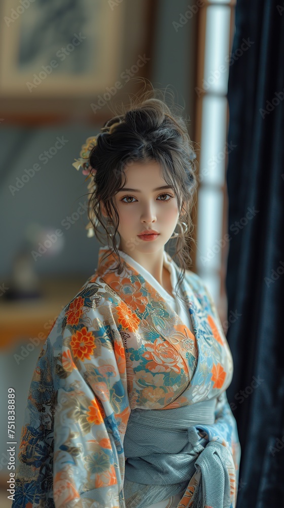 Portrait of a Young Japanese Woman in Traditional Attire With Cherry Blossoms Portrait of a Young Japanese Woman in Traditional Attire With Cherry Blossoms