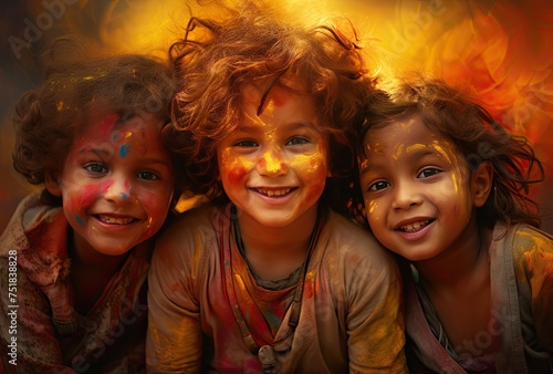 Portrait of a group of children with face painting on a colorful background